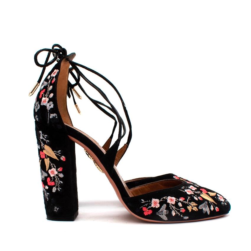Aquazzura Black Suede Embroidered D'Orsay Heeled Sandals
 

 - Black suede sandals with intricate multicolour floral embroidery
 - Almond toe cap, narrow suede straps which cross the foot and tie around the ankle
 - Set on a high block hee 
 

