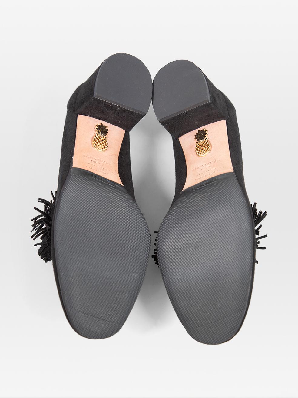 Women's Aquazzura Black Suede Fringe Loafer Pumps Size IT 38.5 For Sale