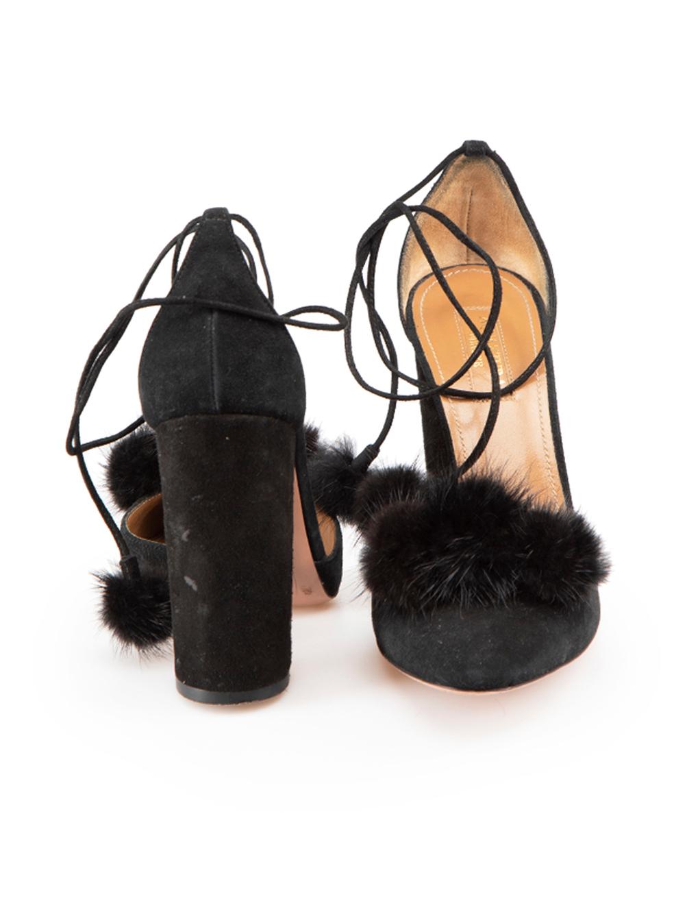 Aquazzura Black Suede Fur Pompom Strappy Heels Size IT 37 In Good Condition For Sale In London, GB