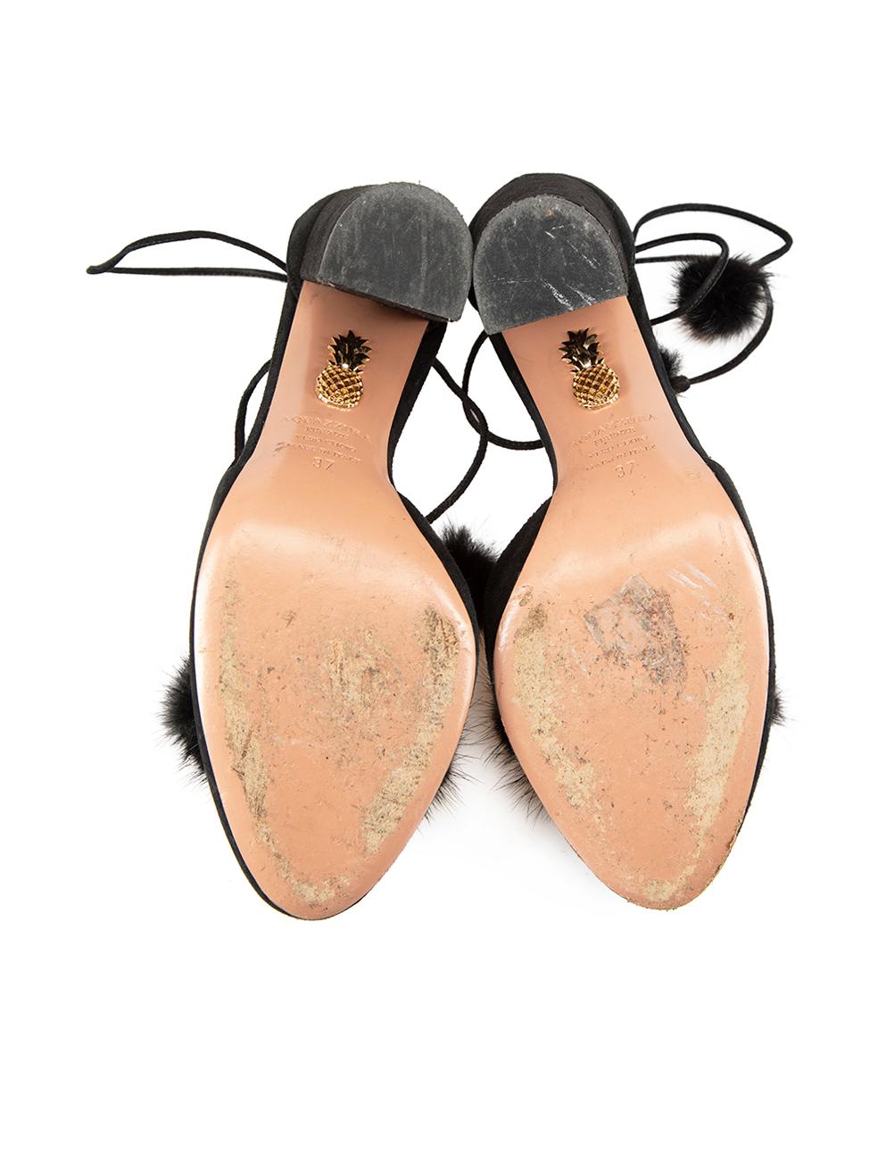 Women's Aquazzura Black Suede Fur Pompom Strappy Heels Size IT 37 For Sale