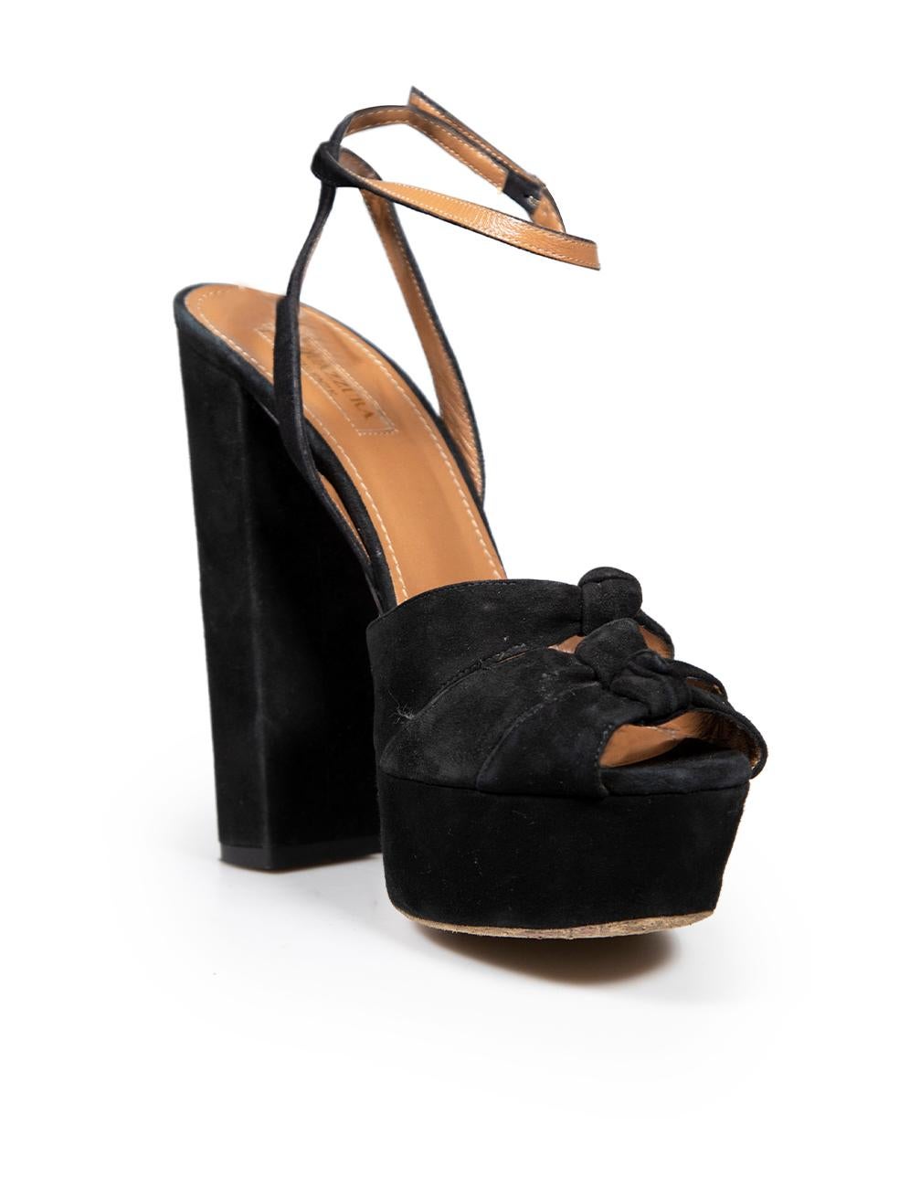 CONDITION is Good. General wear to heels is evident. Moderate signs of wear to back of suede heels, platforms, soles and insoles on this used Aquazzura designer resale item.
 
 Details
 Black
 Suede
 Heels
 High heeled
 Platform
 Peep toe
 Front