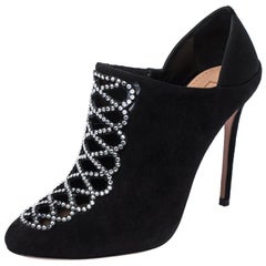 Aquazzura Black Suede Leather And Satin Amour Crystal Embellished Ankle Booties 