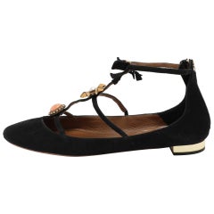 Aquazzura Black Suede Pandora Embellished Ballet Flats Size 40
