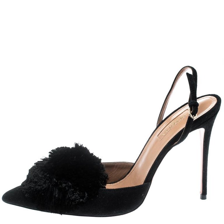 Aquazzura Black Suede Powder Puff Pointed Toe Slingback Sandals Size 37 5 For Sale At 1stdibs