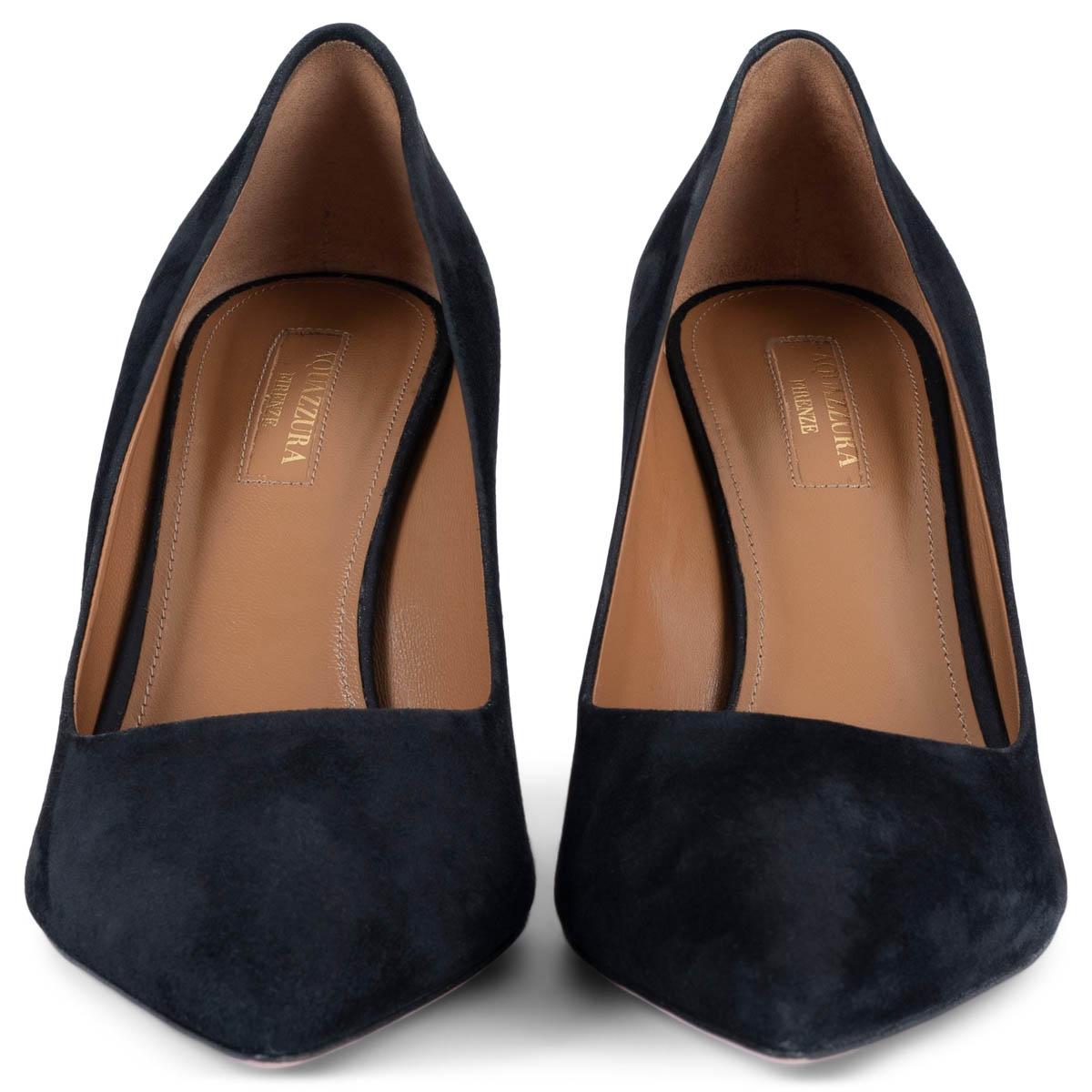 100% authentic Aquazzura Purist 85 pointed-toe pumps in black suede. Brand new. 

Measurements
Imprinted Size	39
Shoe Size	39
Inside Sole	26cm (10.1in)
Width	7.5cm (2.9in)
Heel	8.5cm (3.3in)

All our listings include only the listed item unless