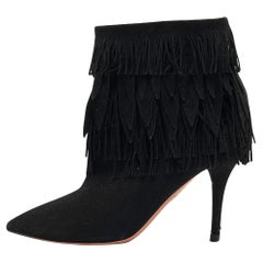 Used Aquazzura Black Suede Sasha Fringed Ankle Booties Size 36