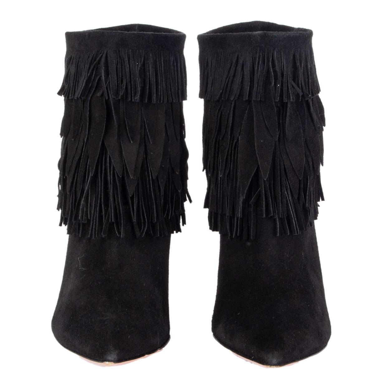 100% authentic Aquazzura Sasha fringed pointed-toe ankle-boots in black suede. Have been worn once and are in excellent condition.

Imprinted Size	37.5
Shoe Size	37.5
Inside Sole	24cm (9.4in)
Width	7cm (2.7in)
Heel	8.5cm (3.3in)

All our listings