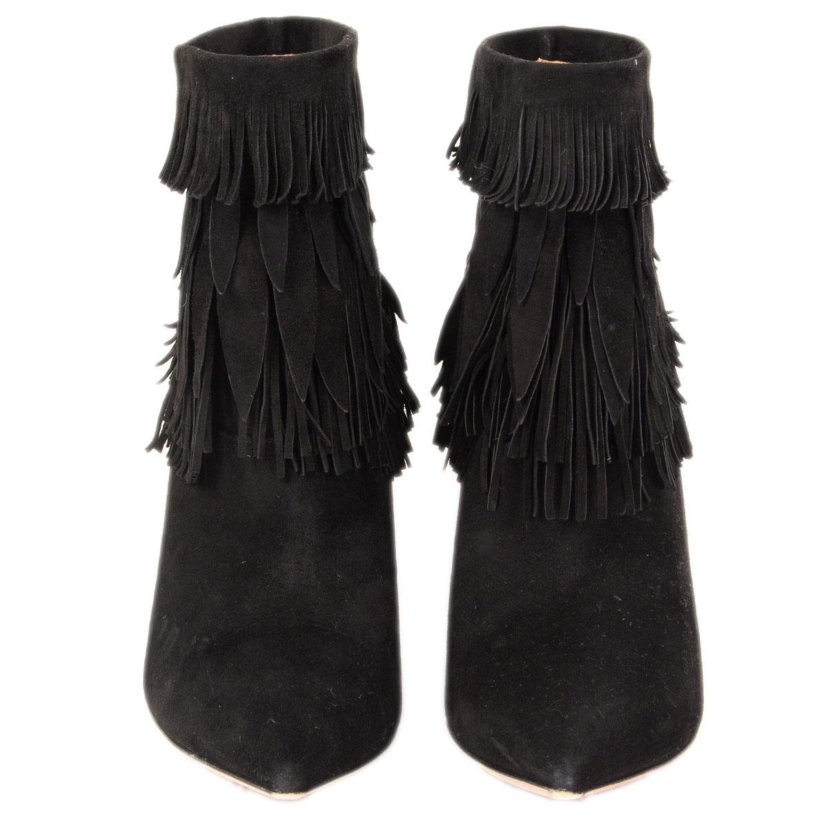 100% authentic Aquazzura Sasha fringed pointed-toe ankle-boots in black suede. Have been worn and are in excellent condition. 

Measurements
Imprinted Size	37.5
Shoe Size	37.5
Inside Sole	24cm (9.4in)
Width	7cm (2.7in)
Heel	8.5cm (3.3in)

All our