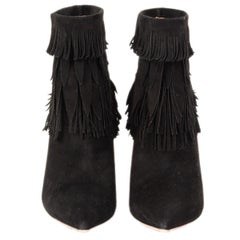 AQUAZZURA black suede SASHA Fringed Ankle Boots Shoes 37.5