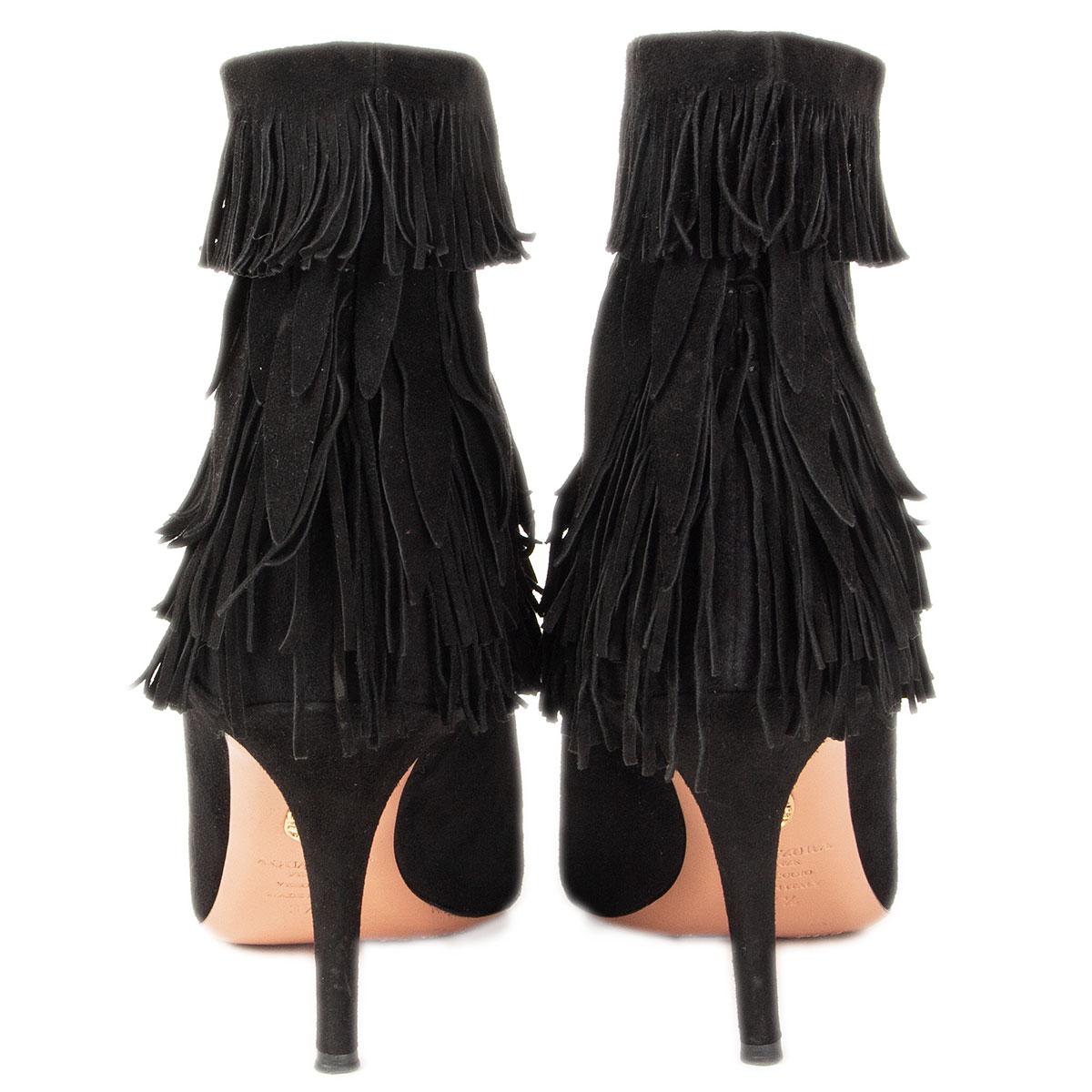 AQUAZZURA black suede SASHA Fringed Ankle Boots Shoes 37.5 In Excellent Condition In Zürich, CH