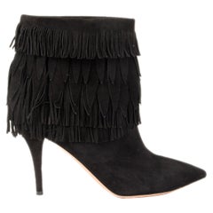 AQUAZZURA black suede SASHA Fringed Ankle Boots Shoes 37.5