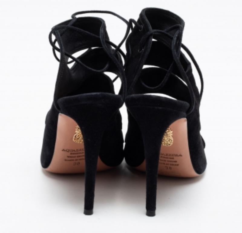 Aquazzura Suede Noir Sloan Cut Out Tie Up Sandals Size 38 Bon état - En vente à Dubai, Al Qouz 2