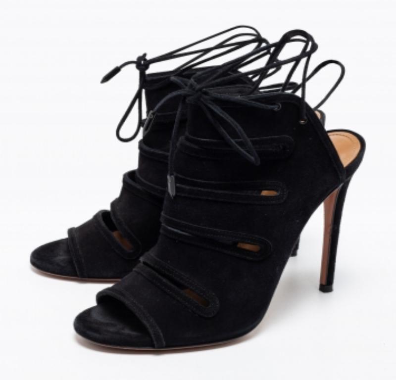 Aquazzura Suede Noir Sloan Cut Out Tie Up Sandals Size 38 Pour femmes en vente