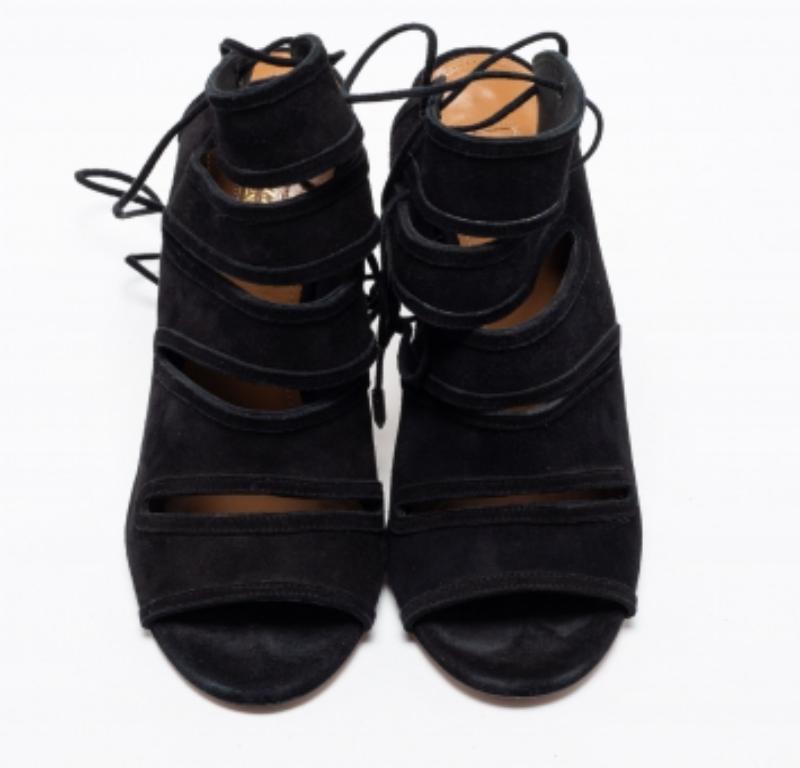 Aquazzura Suede Noir Sloan Cut Out Tie Up Sandals Size 38 en vente 2