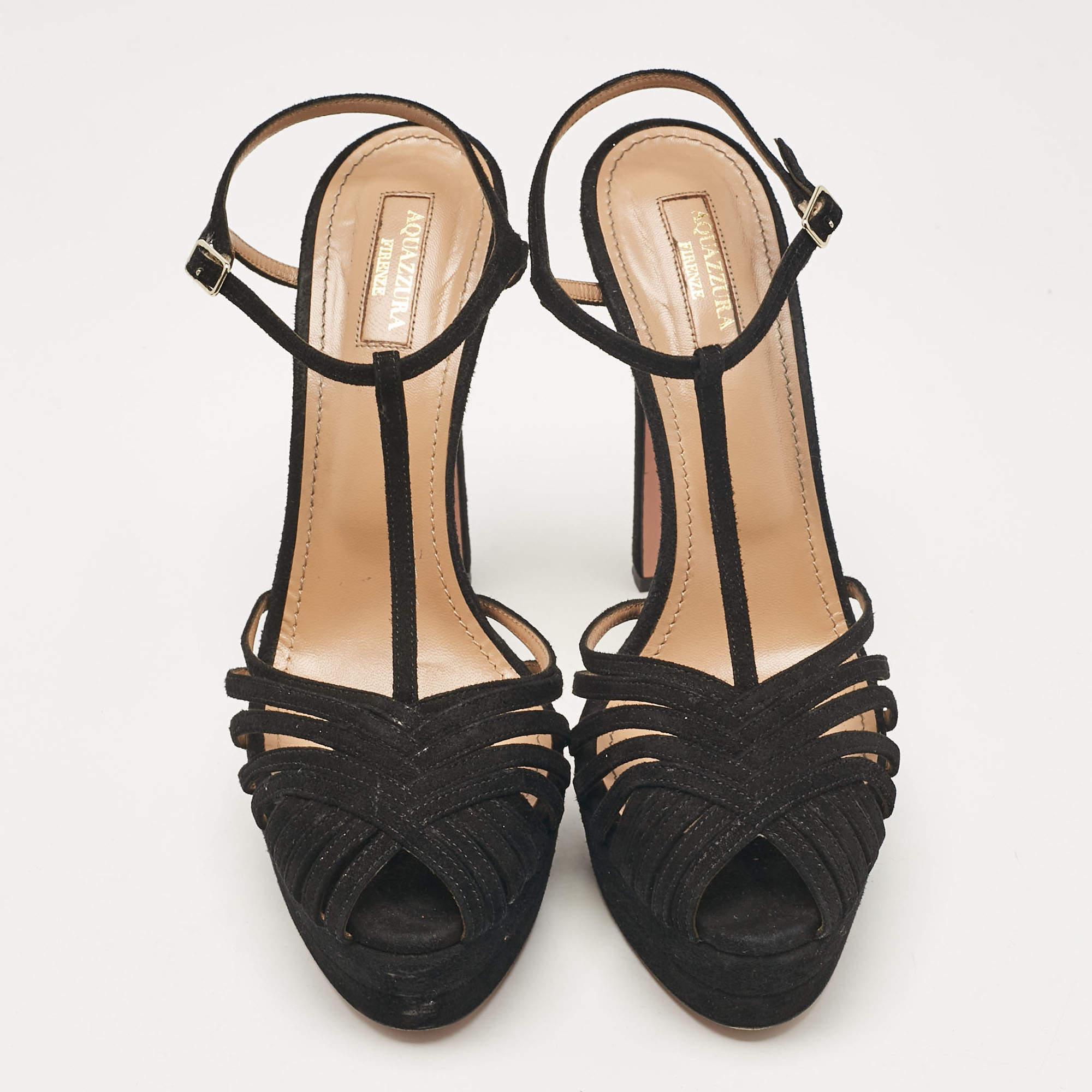 Aquazzura Black Suede T-Strap Platform Sandals Size 41 In Good Condition For Sale In Dubai, Al Qouz 2