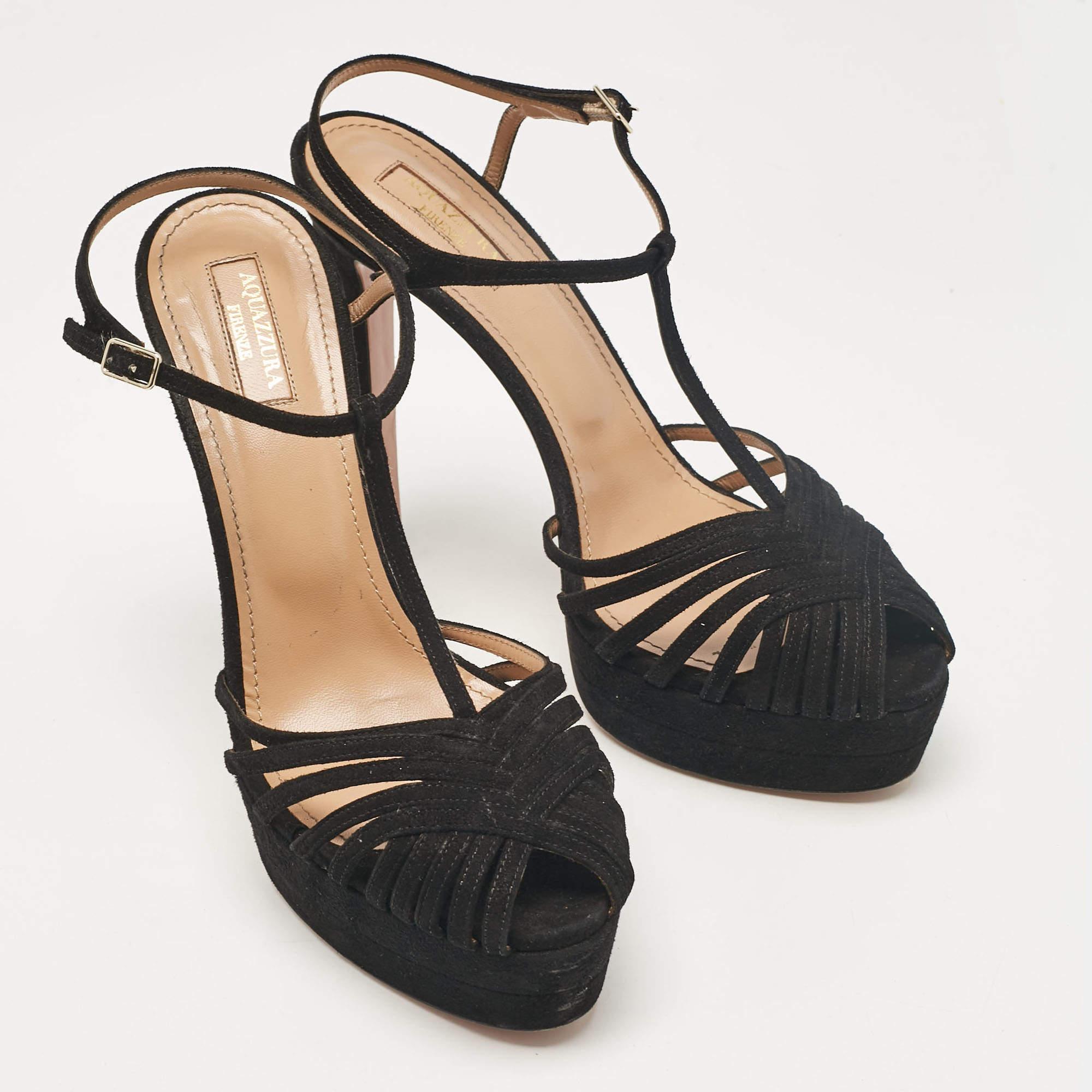 Women's Aquazzura Black Suede T-Strap Platform Sandals Size 41 For Sale