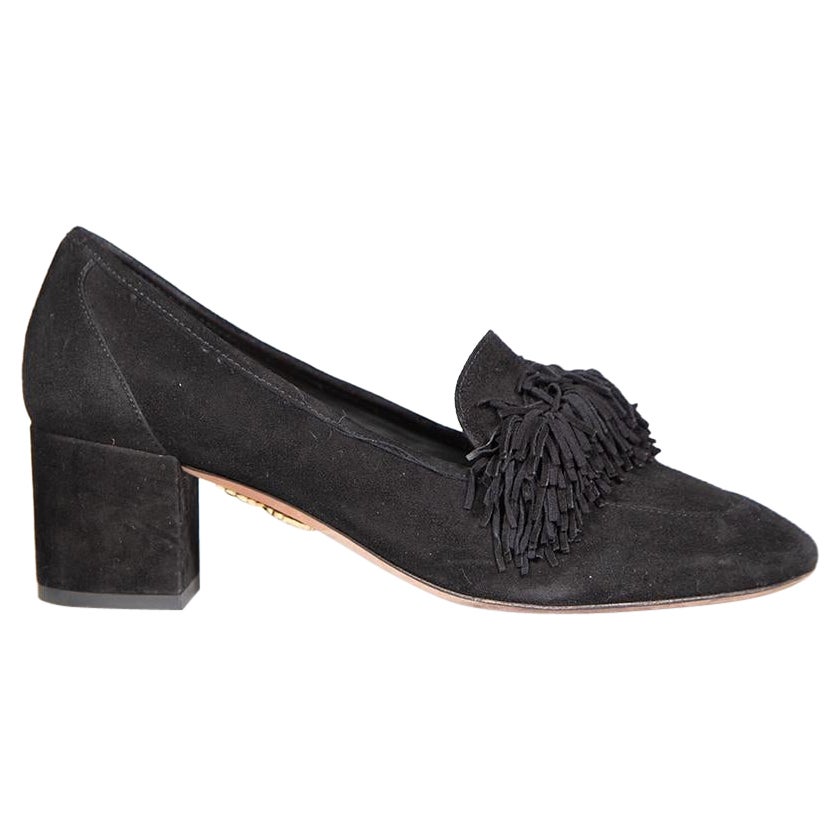 Aquazzura Black Suede Tassel Block Heel Pumps Size IT 37