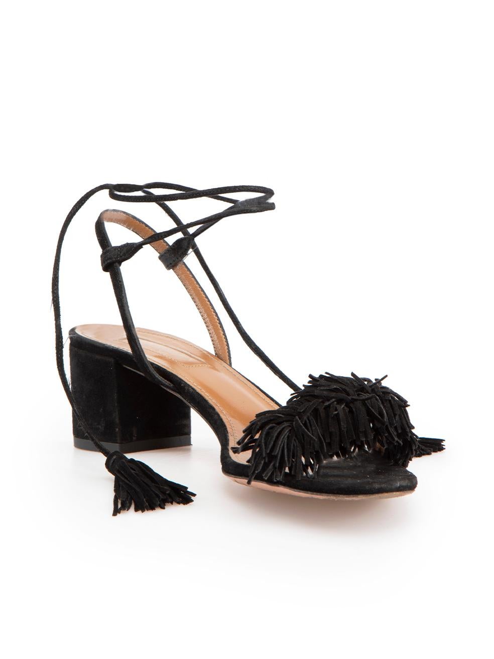 CONDITION is Good. Minor wear to shoes is evident. Light wear to the heels of both with abrasions to the suede on this used Aquazzura designer resale item.
 
 Details
 Black
 Suede
 Heeled sandals
 Peep toe
 Tassel tie fastening
 Kitten heel
 
 
