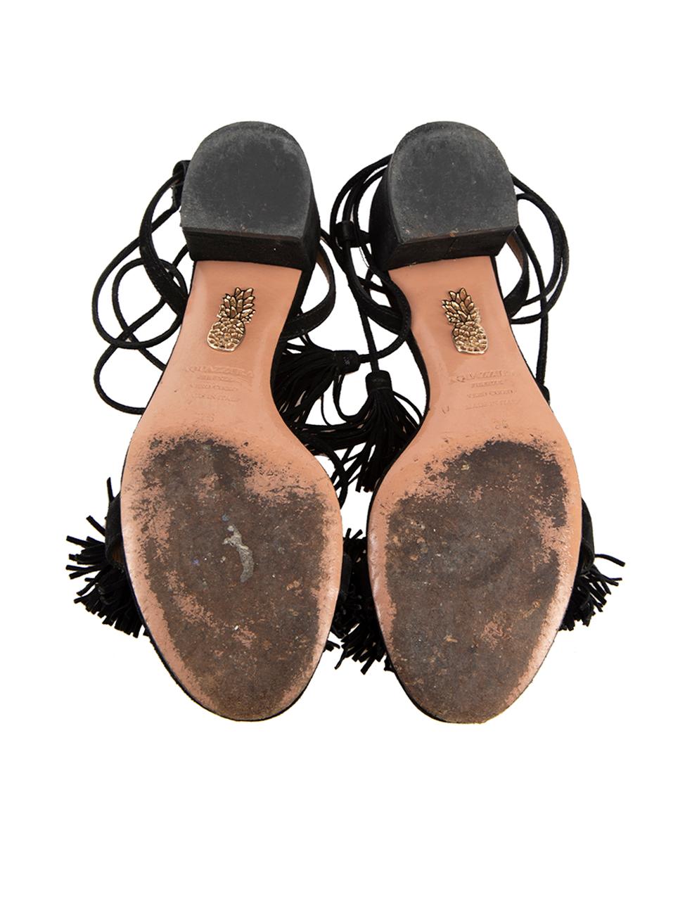 Women's Aquazzura Black Suede Tassel Trim Heeled Sandals Size IT 36 For Sale