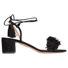 Aquazzura Black Suede Wild Thing Tassel Sandals Size IT 38.5