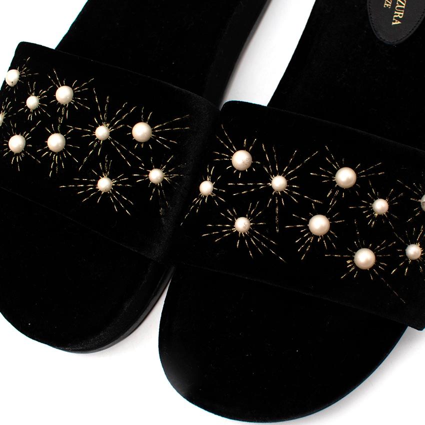Aquazzura Black Velvet Faux-Pearl Embellished Strap Slippers - US 8.5 For Sale 2