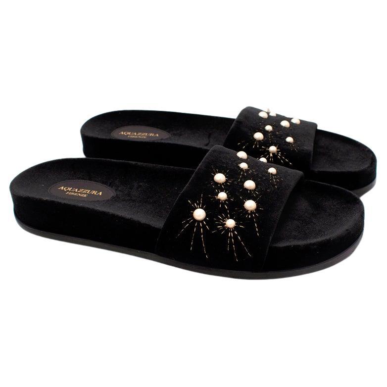 Aquazzura Black Velvet Faux-Pearl Embellished Strap Slippers - US 8.5 For Sale