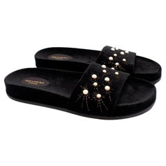Aquazzura Black Velvet Faux-Pearl Embellished Strap Slippers - US 8.5