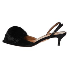 Aquazzura Black Velvet Powder Puff Pointed Toe Slingback Sandals Size 37