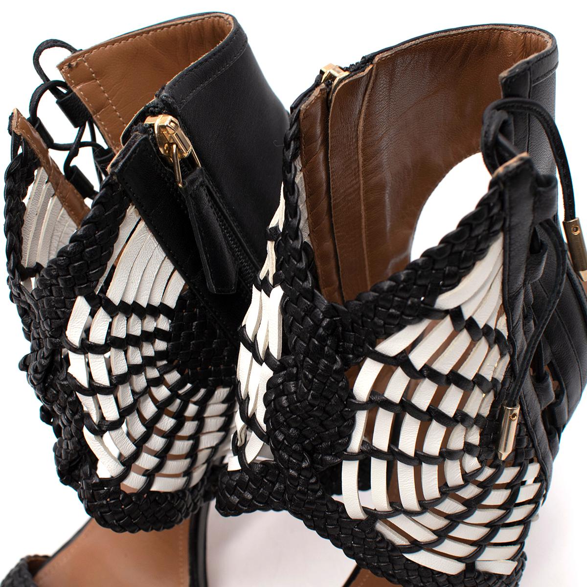 Women's Aquazzura Black & White Leather Braided Heeled Sandals 40.5  For Sale