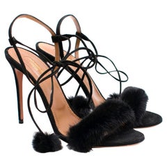 Aquazzura Black Wild Russian Mink Fur Heeled Sandals 39