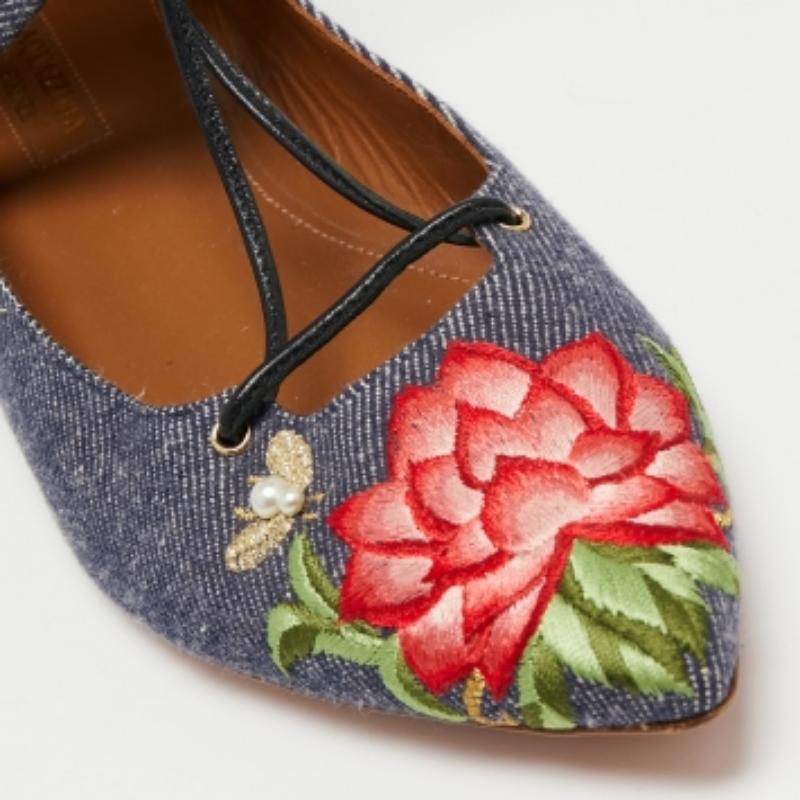 Aquazzura Blue Floral Embroidered Denim Christy Flat Sandals Size 38 For Sale 1