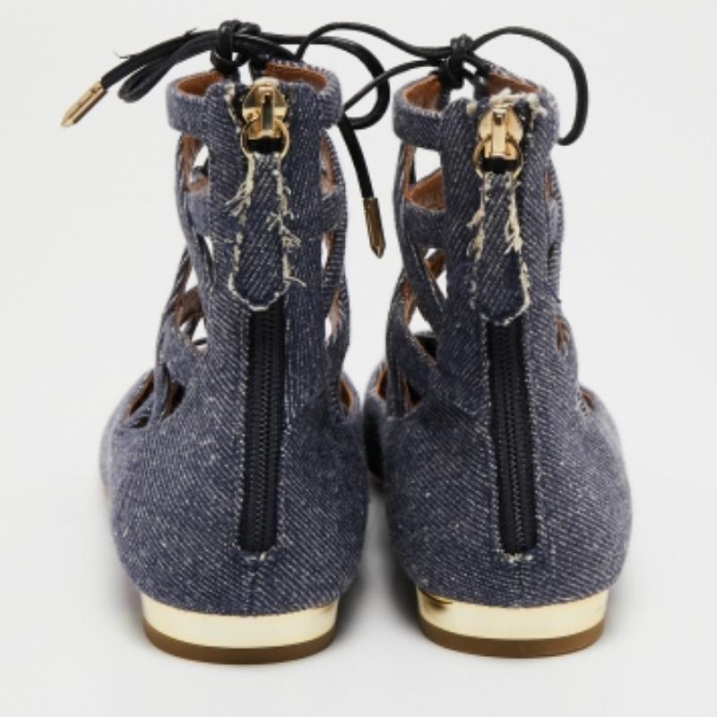 Aquazzura Blue Floral Embroidered Denim Christy Flat Sandals Size 38 For Sale 2