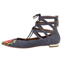 Aquazzura Blue Floral Embroidered Denim Christy Flat Sandals Size 38