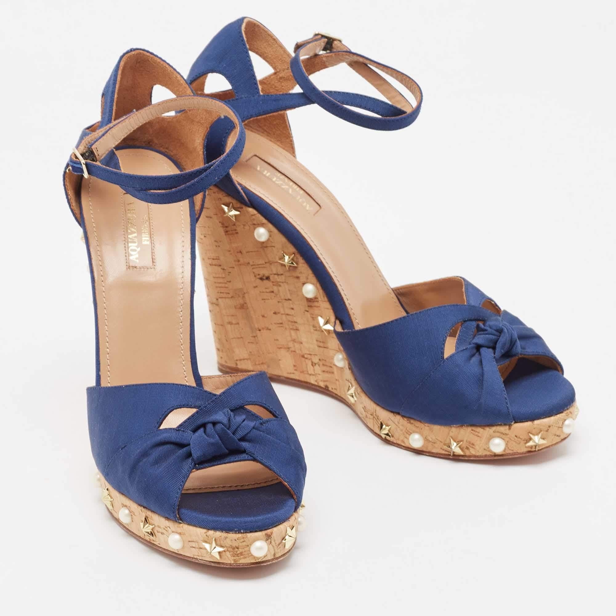 Brown Aquazzura Blue Grosgrain Embellished Harlow Wedge Sandals Size 41