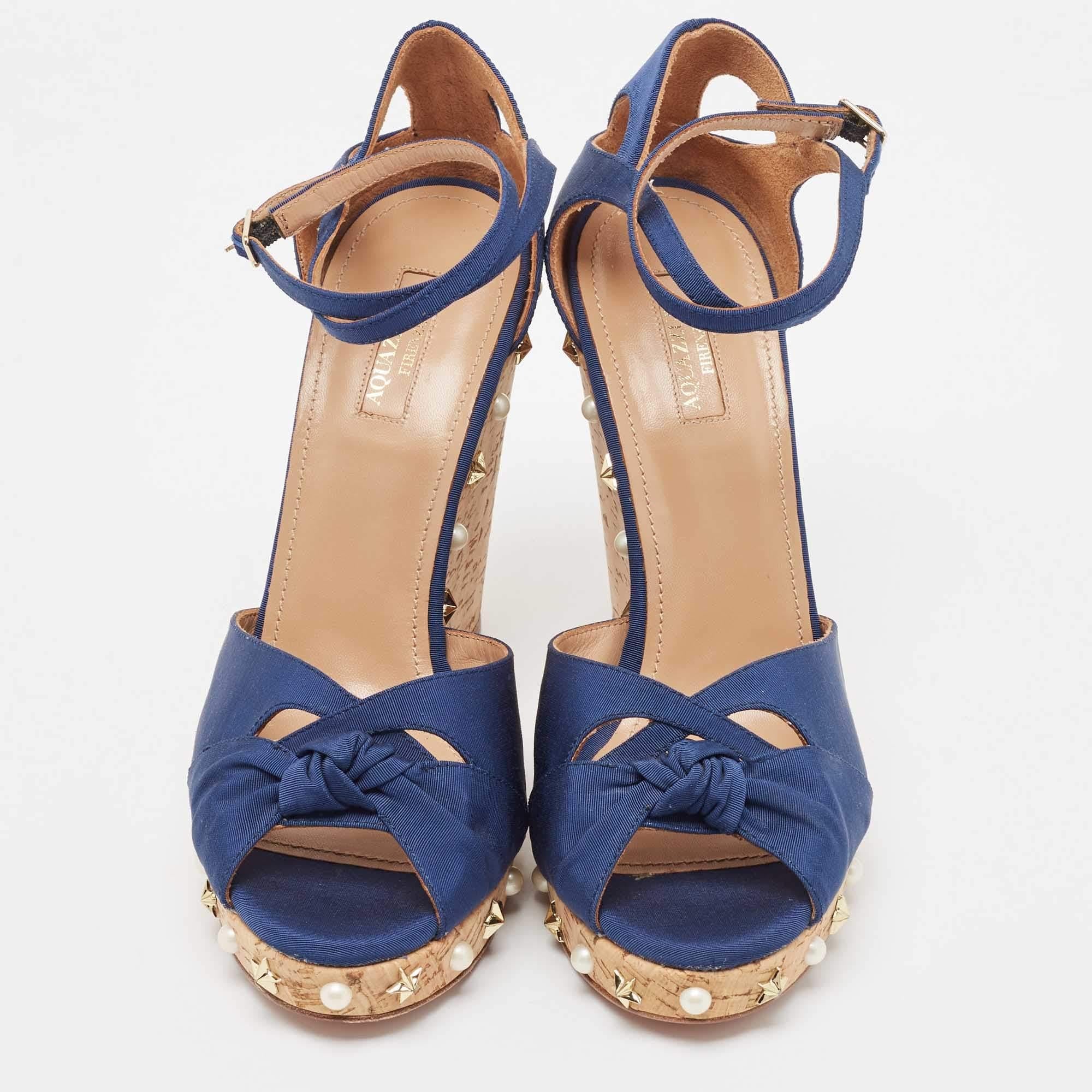Aquazzura Blue Grosgrain Embellished Harlow Wedge Sandals Size 41 In Excellent Condition In Dubai, Al Qouz 2