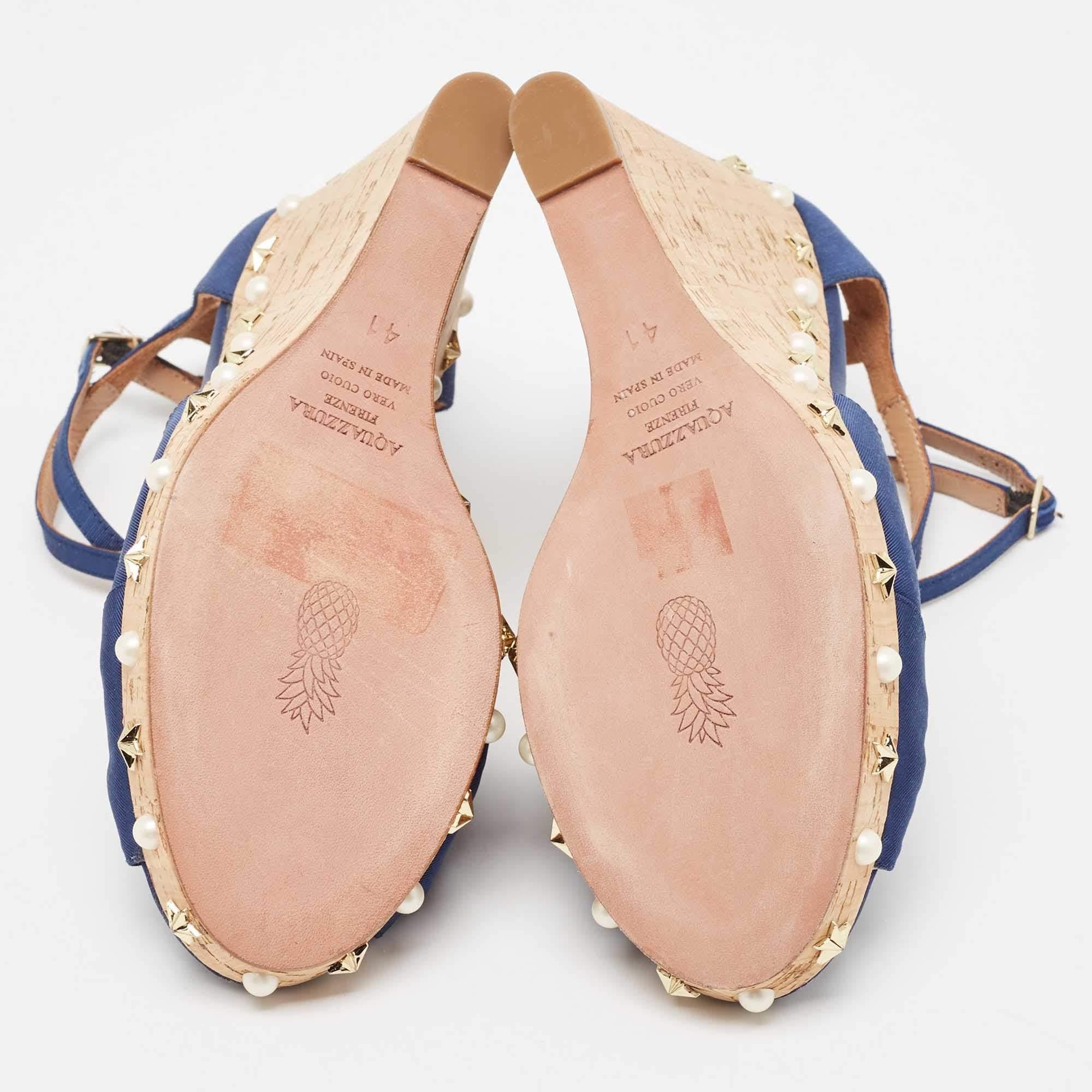 Aquazzura Blue Grosgrain Embellished Harlow Wedge Sandals Size 41 1