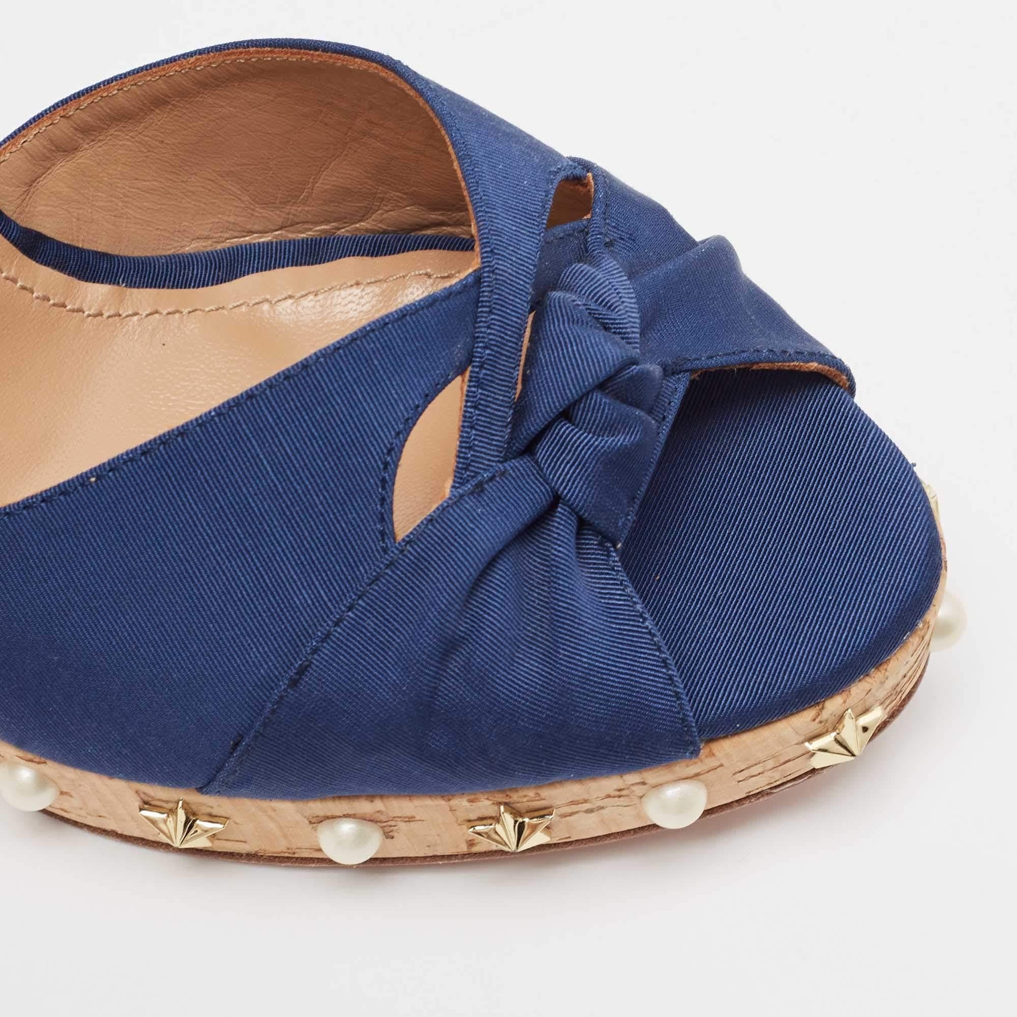 Aquazzura Blue Grosgrain Embellished Harlow Wedge Sandals Size 41 2