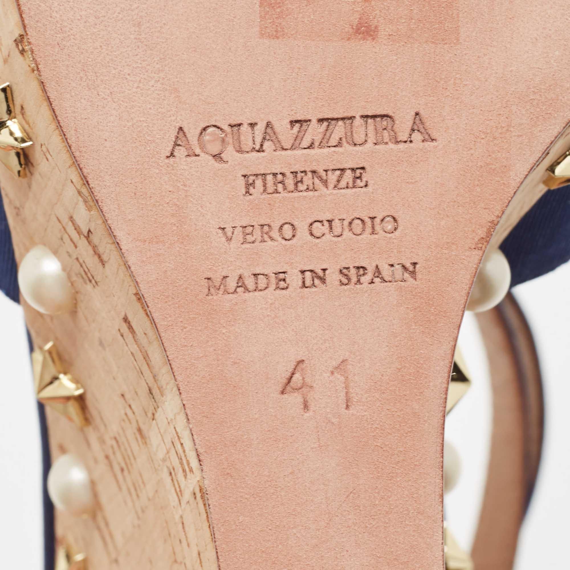 Aquazzura Blue Grosgrain Embellished Harlow Wedge Sandals Size 41 3