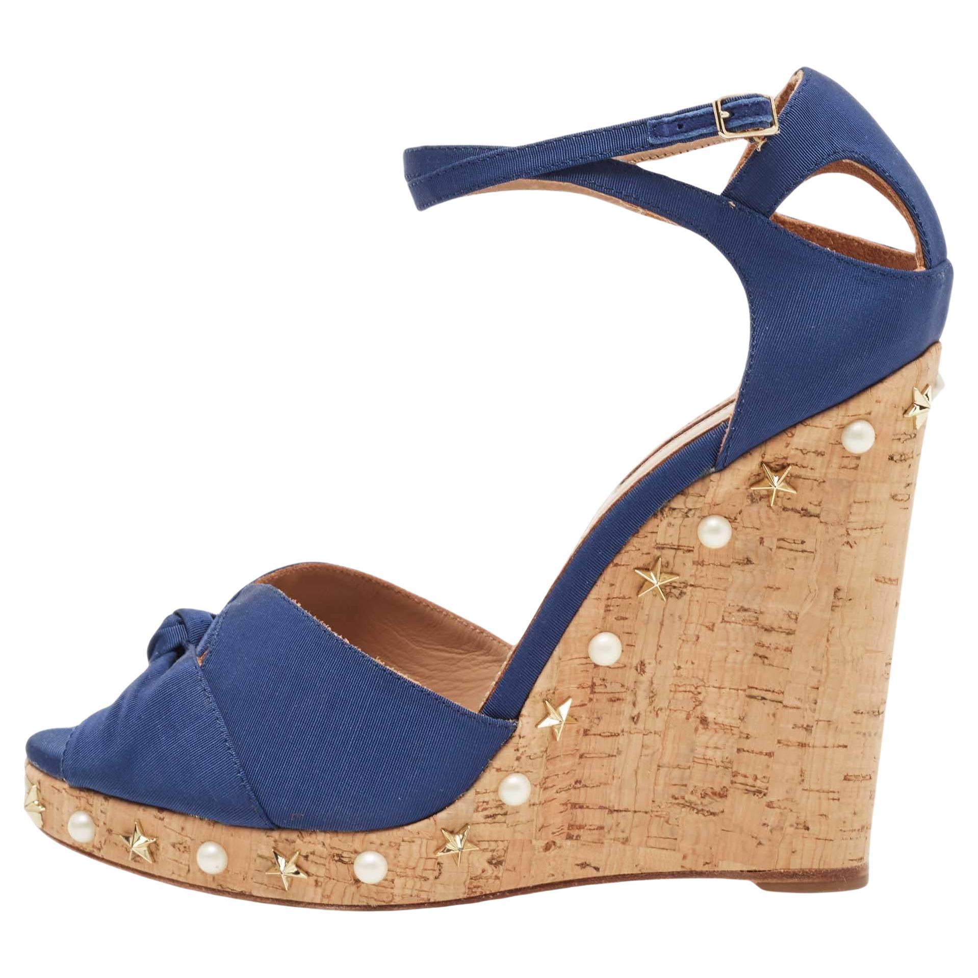 Aquazzura Bleu Grosgrain Embellis Harlow Wedge Sandals Size 41