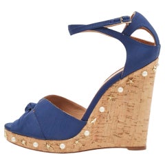 Aquazzura Blue Grosgrain Embellished Harlow Wedge Sandals Size 41