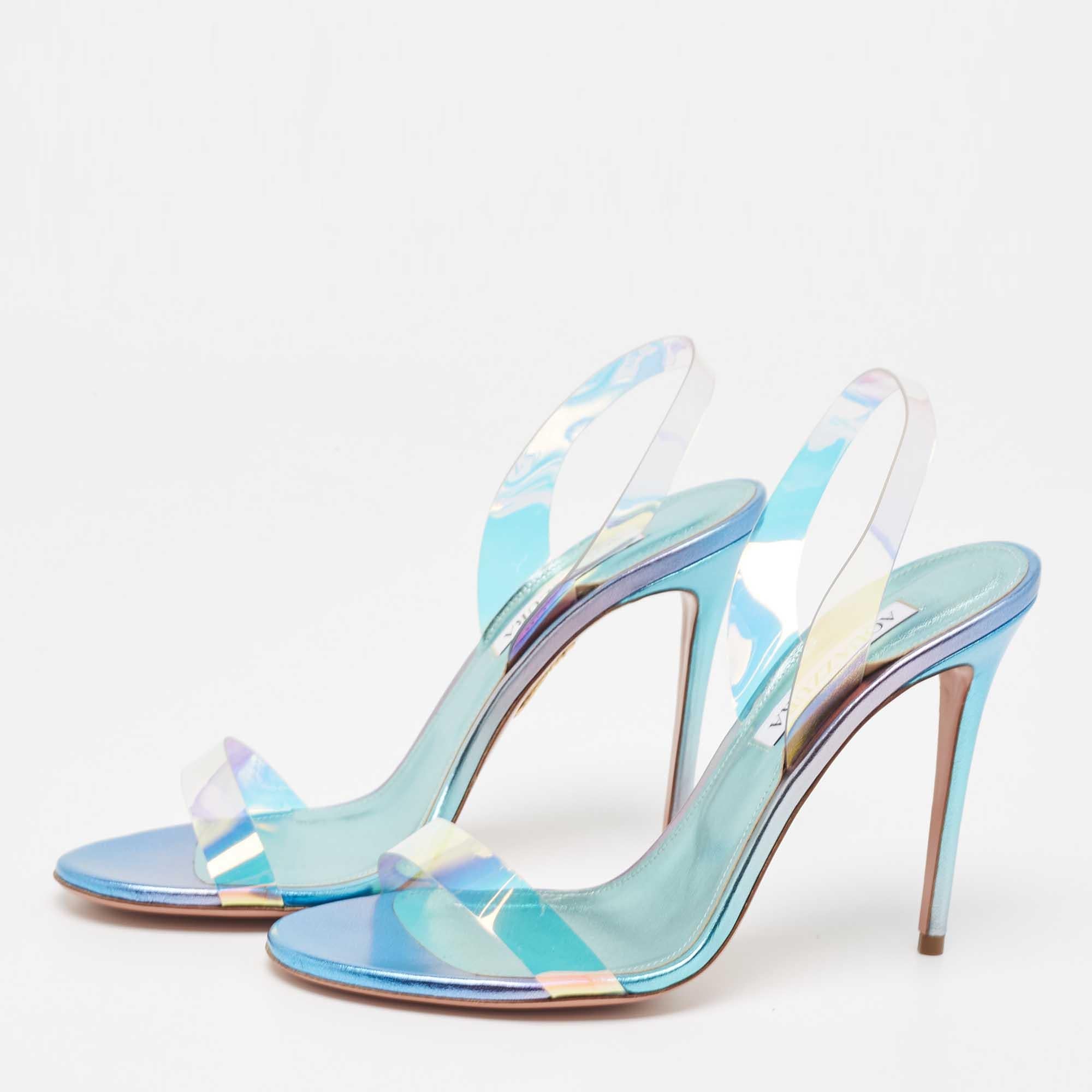 Aquazzura Blue Iridescent PVC So Nude Slingback Sandals Size 38.5 4