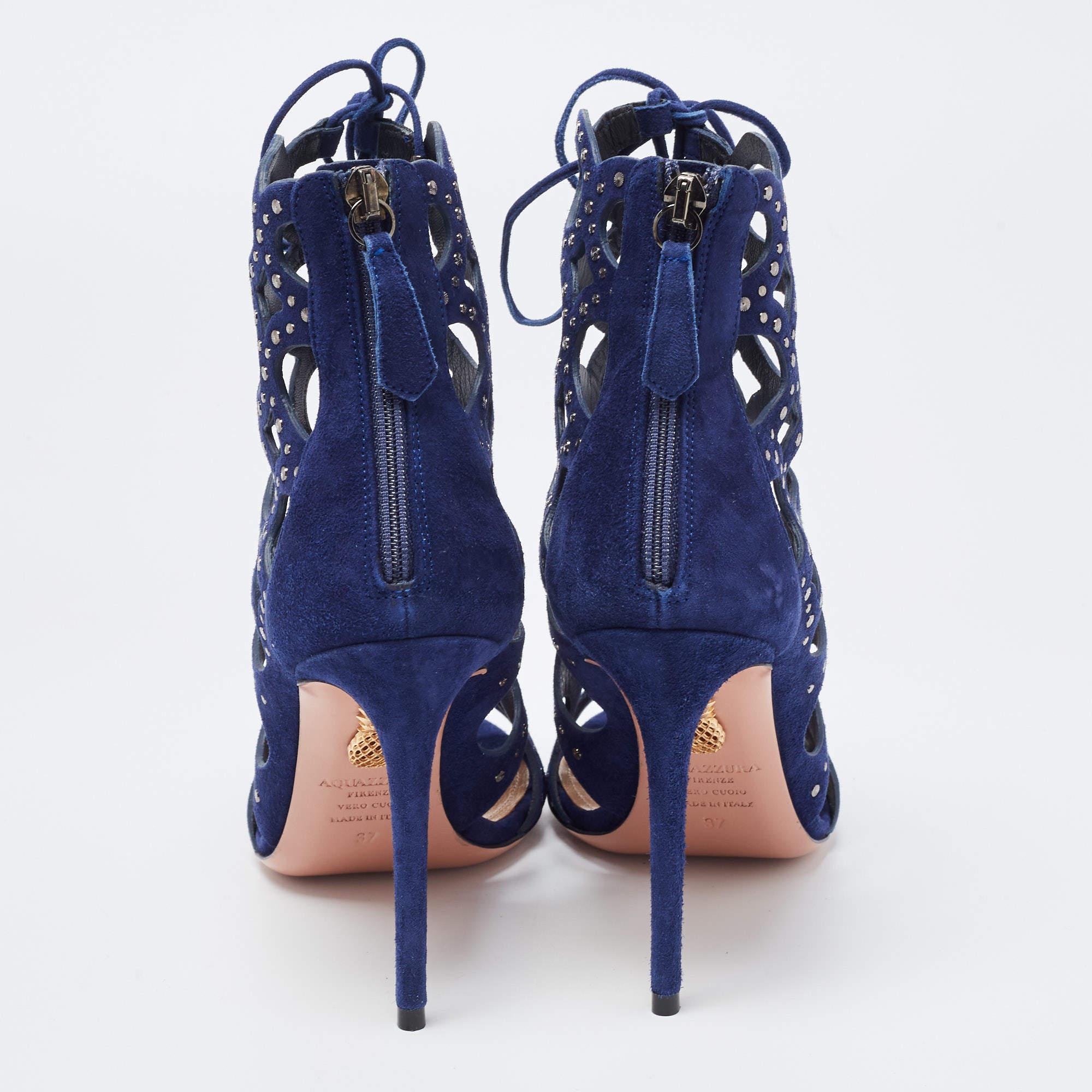 Aquazzura Blue Laser Cut Suede Begum Studded Lace Up Ankle Boots  In New Condition In Dubai, Al Qouz 2