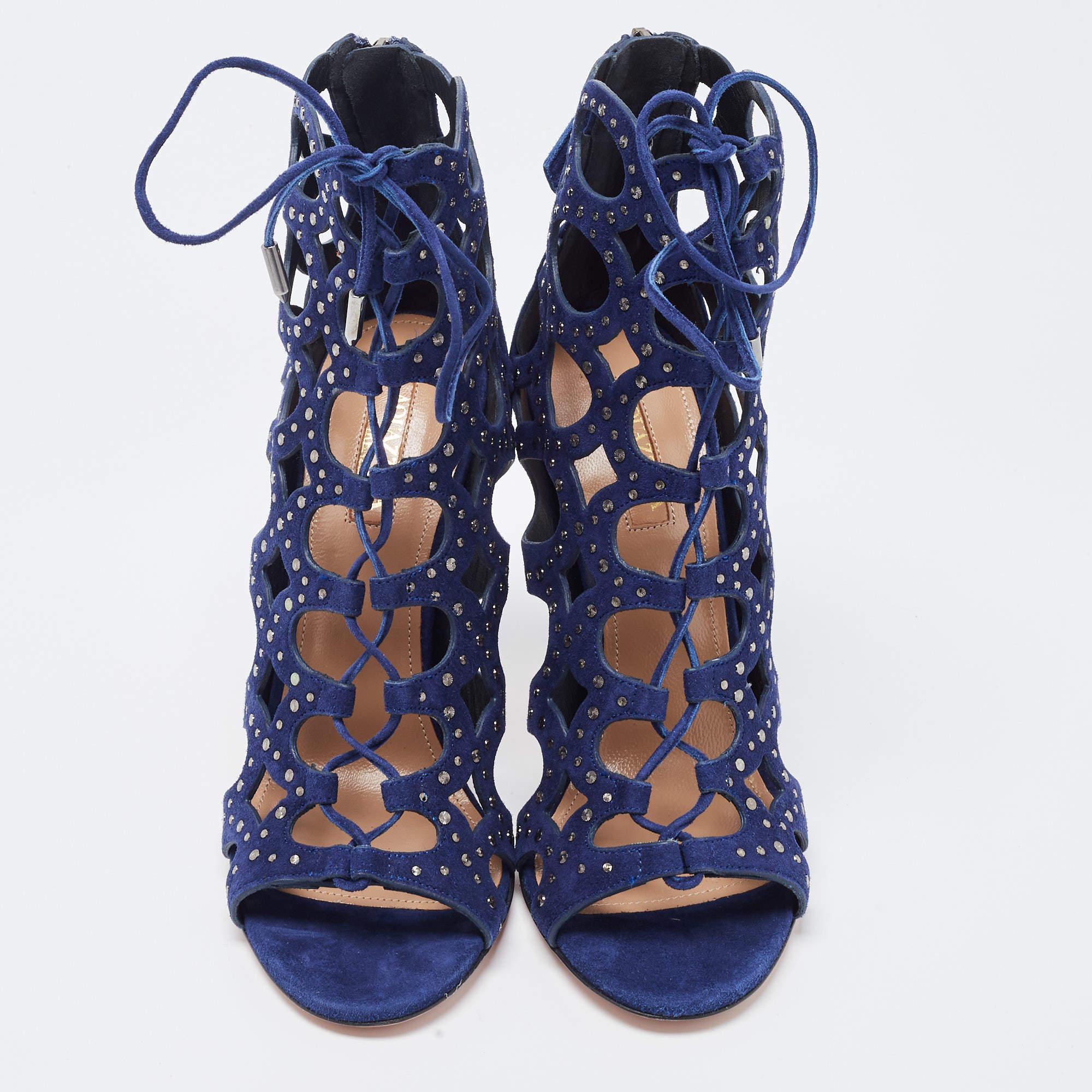 Aquazzura Blue Laser Cut Suede Begum Studded Lace Up Ankle Boots  1