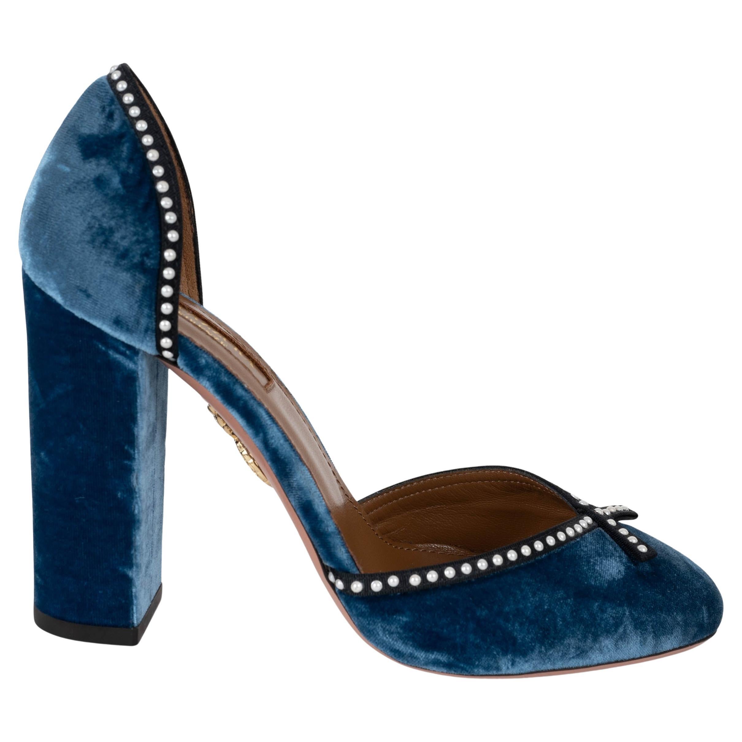 AQUAZZURA azul LOU LOU 110 VELVET BLOCK HEEL Bombas Zapatos 37 en venta