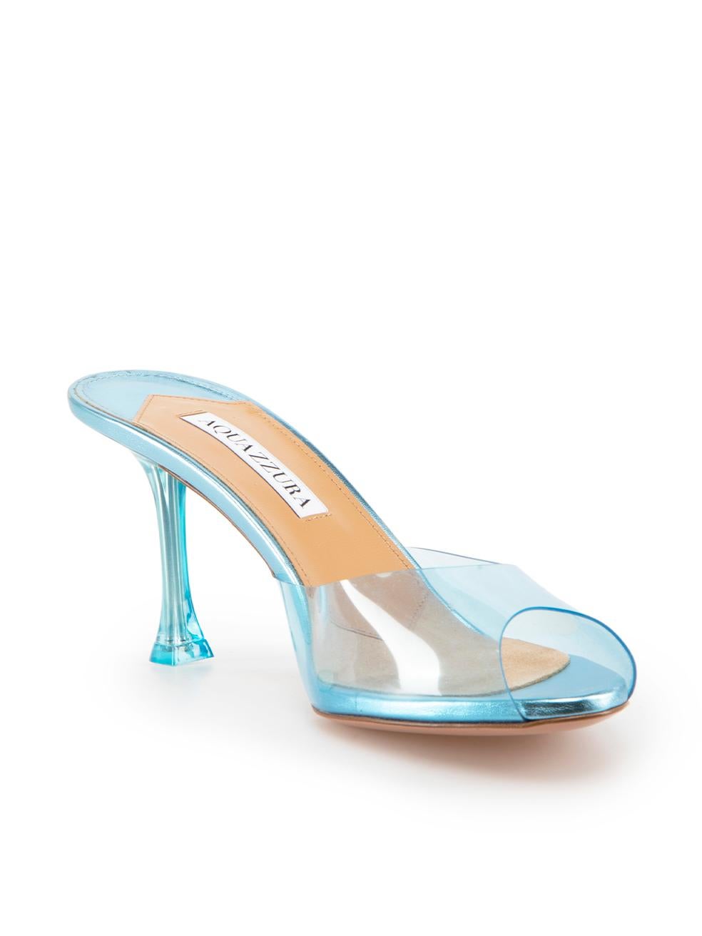 CONDITION is Never worn. No visible wear to sandals is evident on this new Aquazzura designer resale item. This item comes with original dust bag.

Details
Blue
PVC
Heeled sandals
Slip on
Peep toe
Mid heel
Transparent
 
Made in Italy
