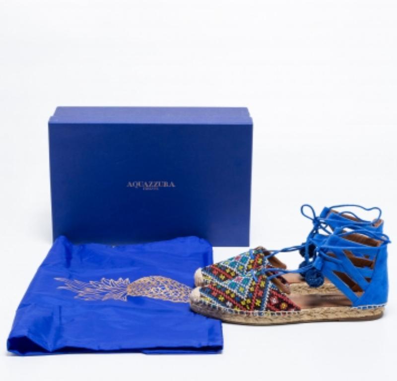Aquazzura Blue Raffia & Suede Belgravia Lace Up Espadrille Flat Sandals Size 36 In Good Condition For Sale In Dubai, Al Qouz 2