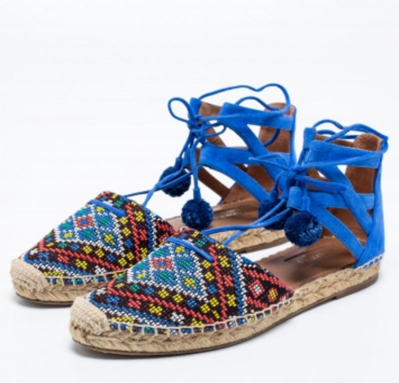Women's Aquazzura Blue Raffia & Suede Belgravia Lace Up Espadrille Flat Sandals Size 36 For Sale