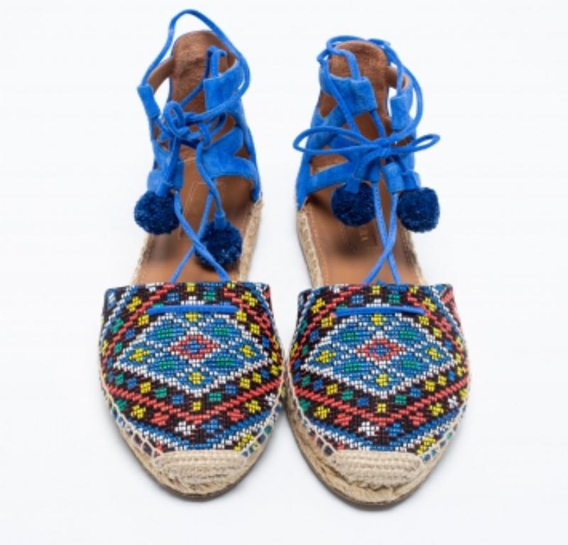 Aquazzura Blue Raffia & Suede Belgravia Lace Up Espadrille Flat Sandals Size 36 For Sale 1