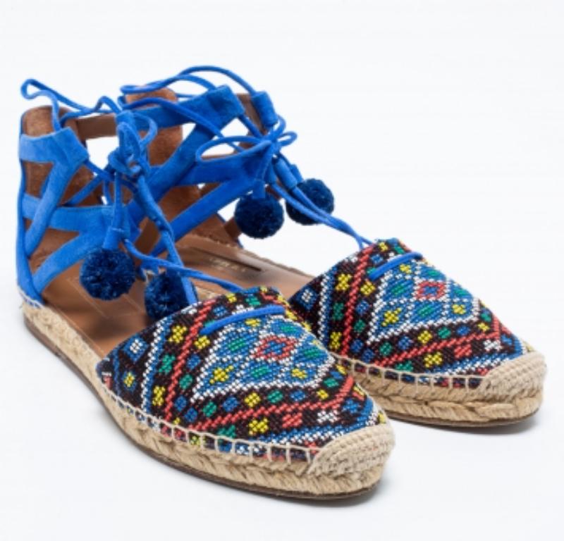 Aquazzura Blue Raffia & Suede Belgravia Lace Up Espadrille Flat Sandals Size 36 For Sale 2
