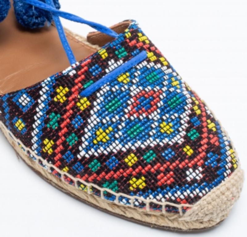 Aquazzura Blue Raffia & Suede Belgravia Lace Up Espadrille Flat Sandals Size 36 For Sale 3